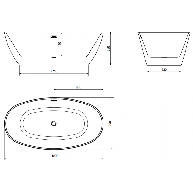 Mexen Eris Freestanding Bath 180 x 95 cm, White/Black, White Overflow - 53441809575-20