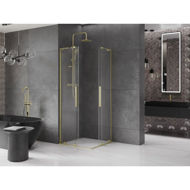 Mexen Velar L Duo Sliding Shower Enclosure 100 x 100 cm, Transparent, Brushed Gold - 871-100-100-02-03-55