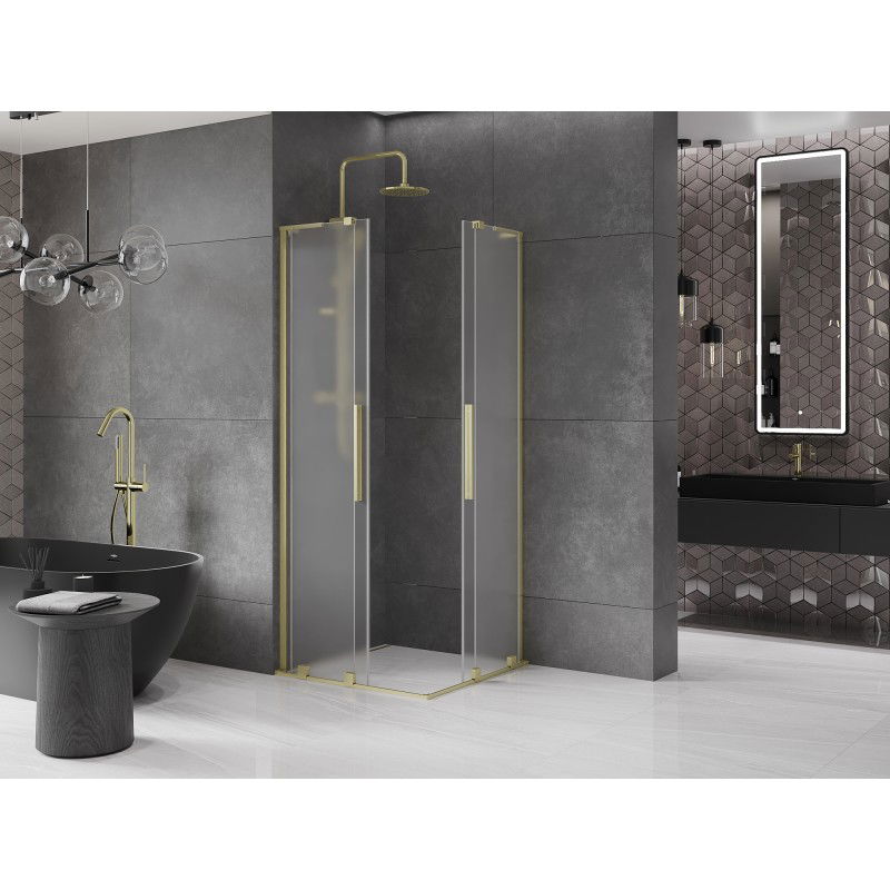 Mexen Velar L Duo sliding shower enclosure 90 x 90 cm, frosted, brushed gold - 871-090-090-02-33-55