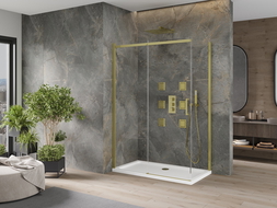 Mexen Omega extendable shower cubicle 140 x 70 cm, Transparent, Gold + shower tray Flat - 825-140-070-50-00-4010