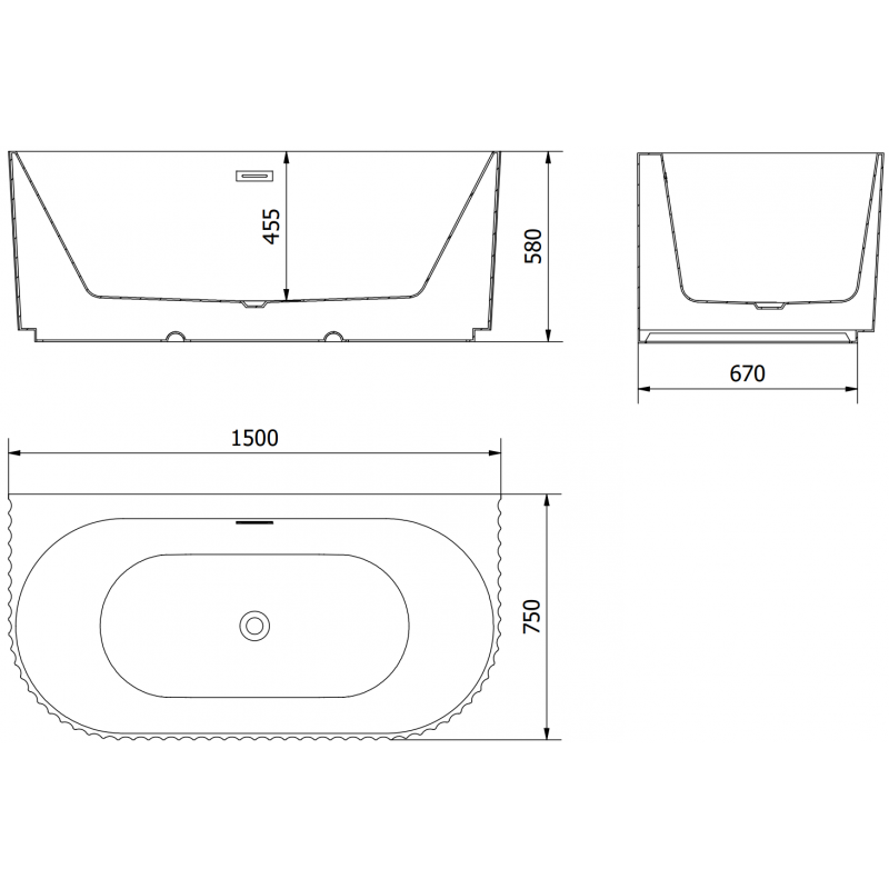 Mexen Sella free-standing wall-adjacent grooved bathtub 150 x 75 cm, white matte, white overflow - 52711507501-20