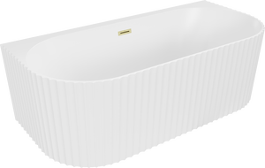 Mexen Sella ribbed back-to-wall freestanding bathtub 150 x 75 cm, white matte, brushed gold overflow - 52711507501-55