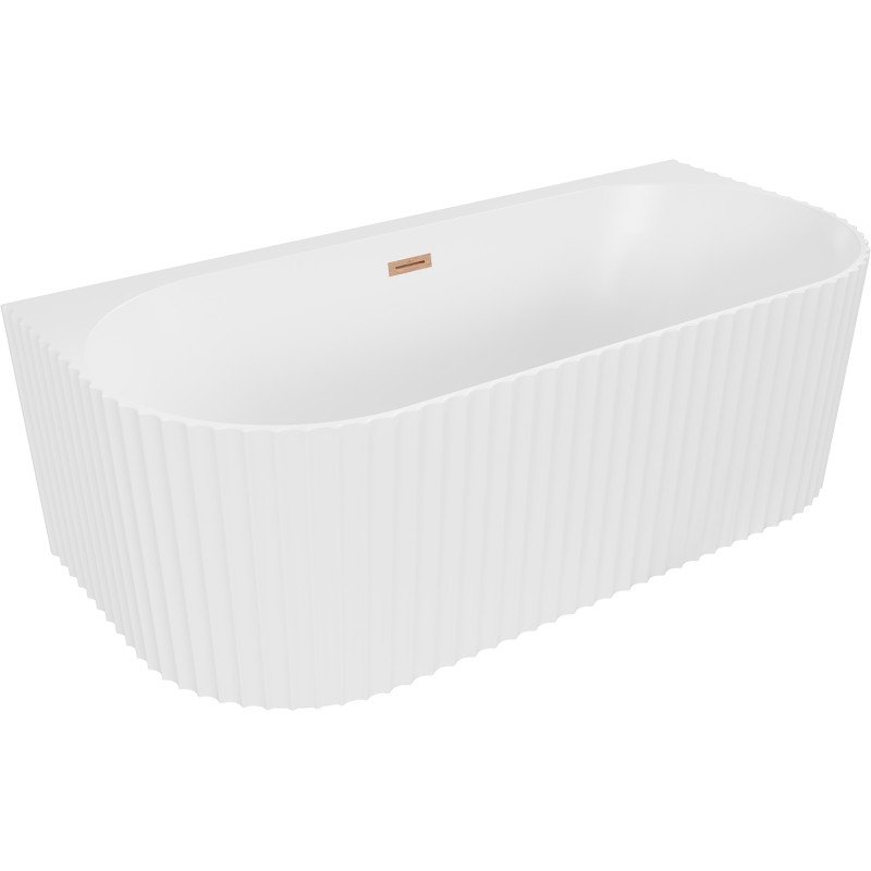 Mexen Sella free-standing wall-adjacent fluted bathtub 150 x 75 cm, white matte, brushed copper overflow - 52711507501-65