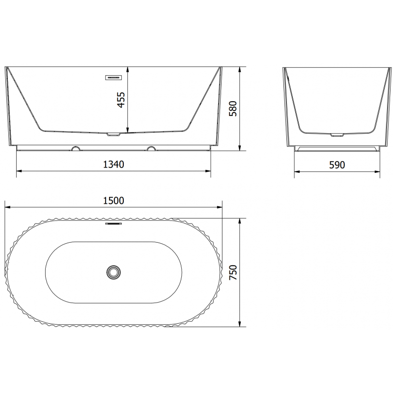 Mexen Paola freestanding fluted bath 150 x 75 cm, white matte, brushed nickel overflow - 52721507501-97