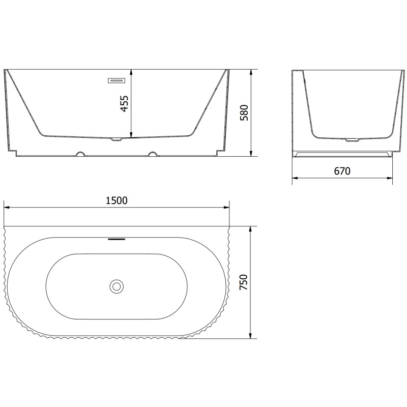 Mexen Sella freestanding wall-mounted fluted bathtub 150 x 75 cm, black matte, overflow gun gray brushed - 52711507571-66