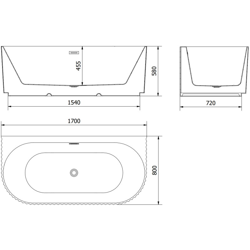 Mexen Sella free-standing wall-attached fluted bathtub 170 x 80 cm, white matte, gun metal overflow - 52711708001-95