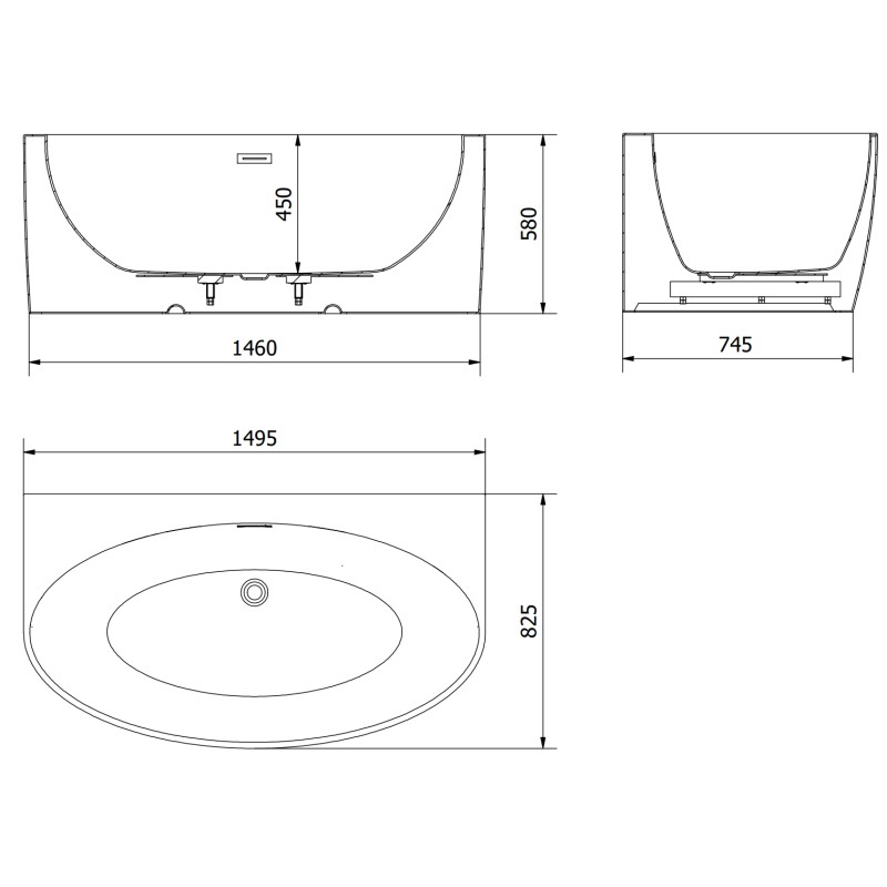Mexen Bruna freestanding back-to-wall bathtub 150 x 82 cm, white gloss, brushed gun gray overflow - 52731508200-66