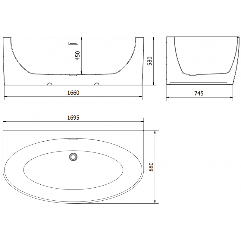 Mexen Bruna Wall-Mounted Freestanding Bathtub 170 x 88 cm, White Gloss, Brushed Gold Overflow - 52731708800-55