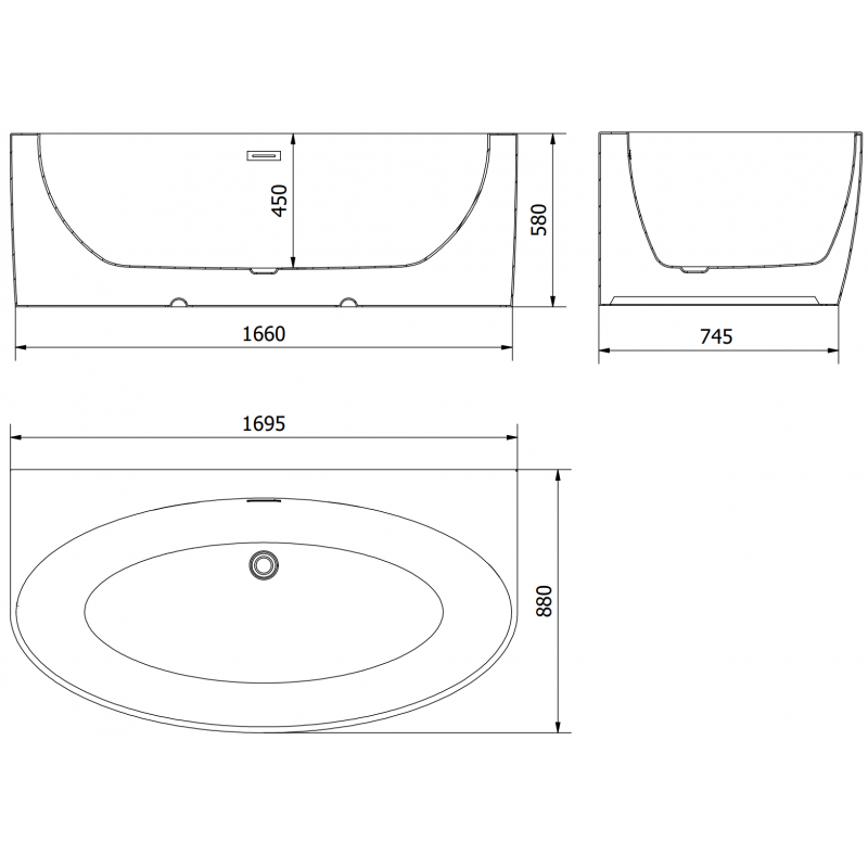 Mexen Bruna freestanding wall-adjacent bathtub 170 x 88 cm, white gloss, black overflow - 52731708800-70