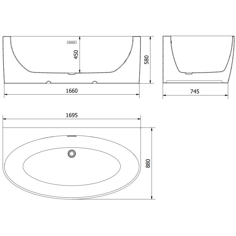 Mexen Bruna freestanding wall-back bathtub 170 x 88 cm, white gloss, brushed nickel overflow - 52731708800-97