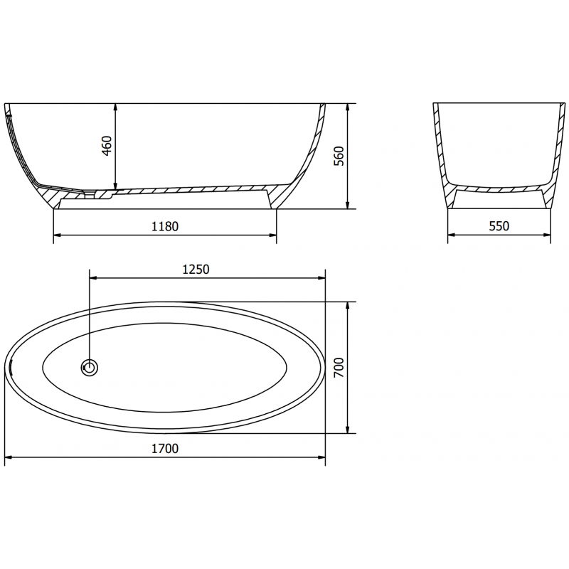 Mexen Prato freestanding basin made of conglomerate 170 x 70 cm, black matte - 57251707070