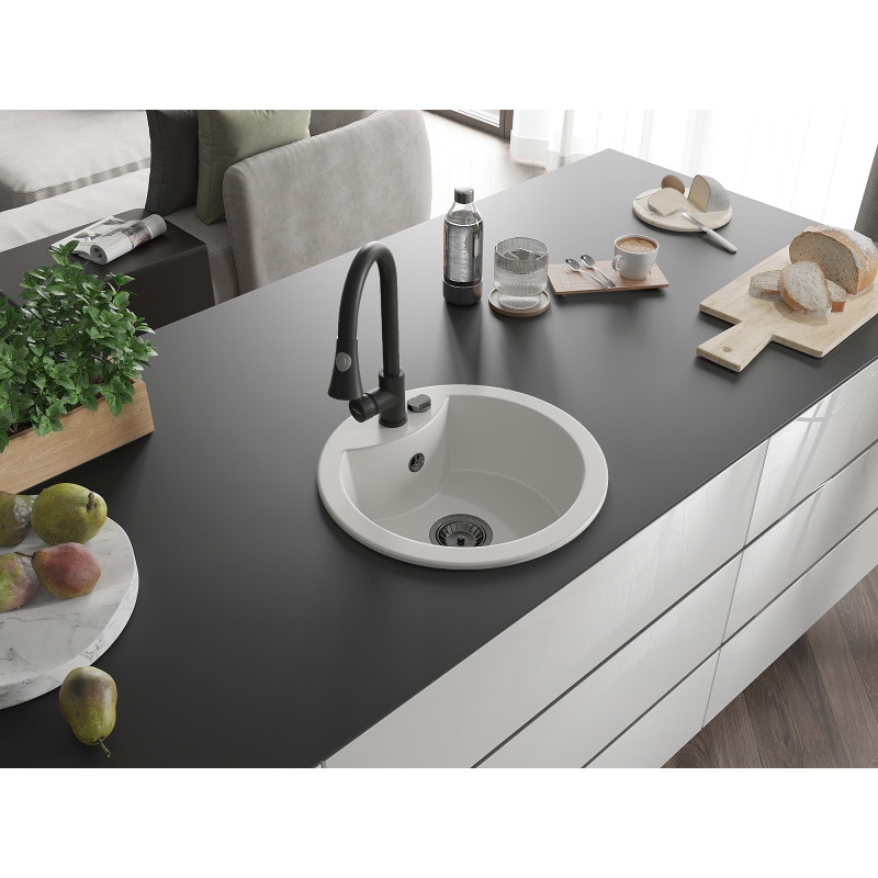 Mexen Diego granite kitchen sink 1-bowl with Elia kitchen faucet, white - 6512-20-670101-70