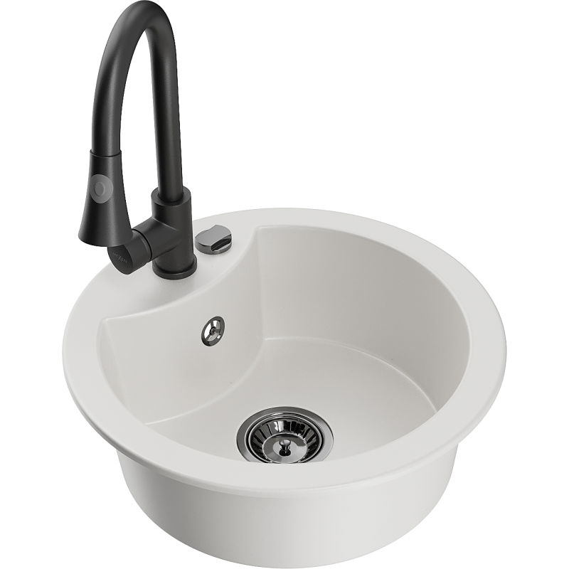 Mexen Diego 1-compartment granite sink with a kitchen mixer tap Elia, White - 6512-20-670101-70