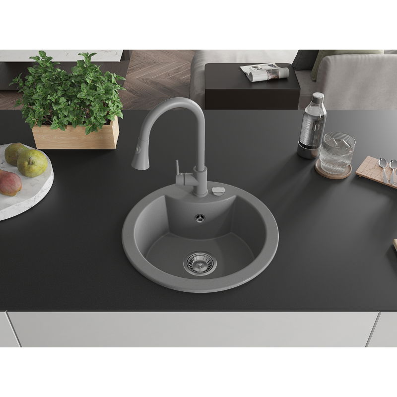 Mexen Diego 1-bowl granite sink with Elia kitchen tap, grey - 6512-71-670101-71