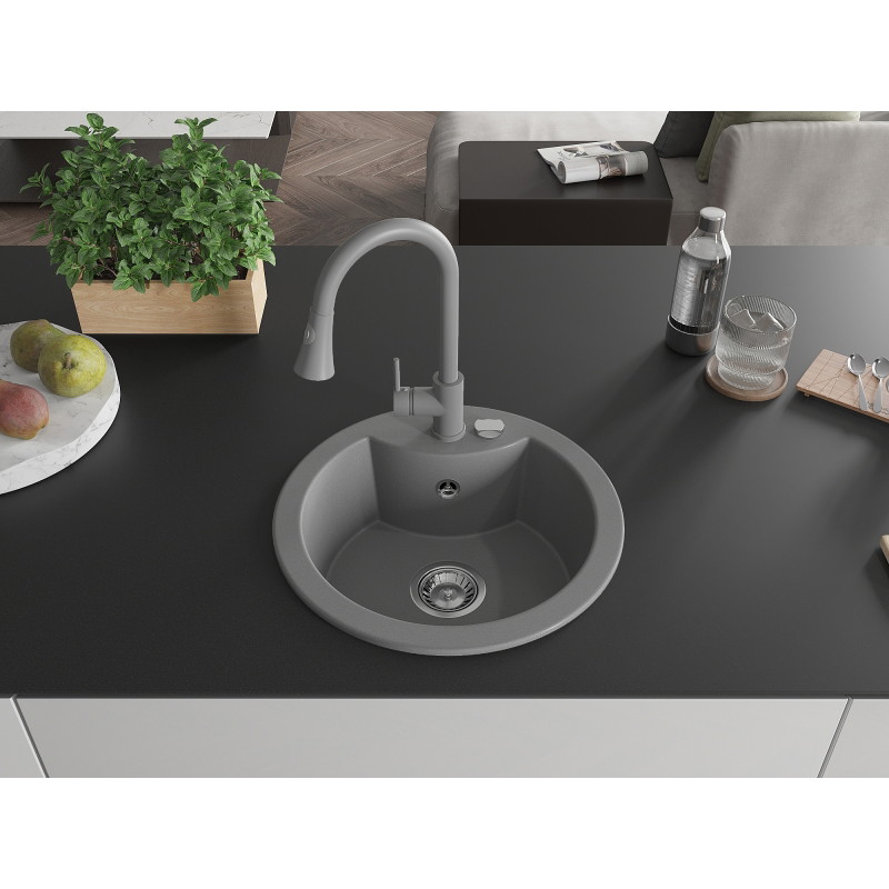 Mexen Diego granite sink 1-bowl with Elia kitchen faucet, gray - 6512-71-670101-71