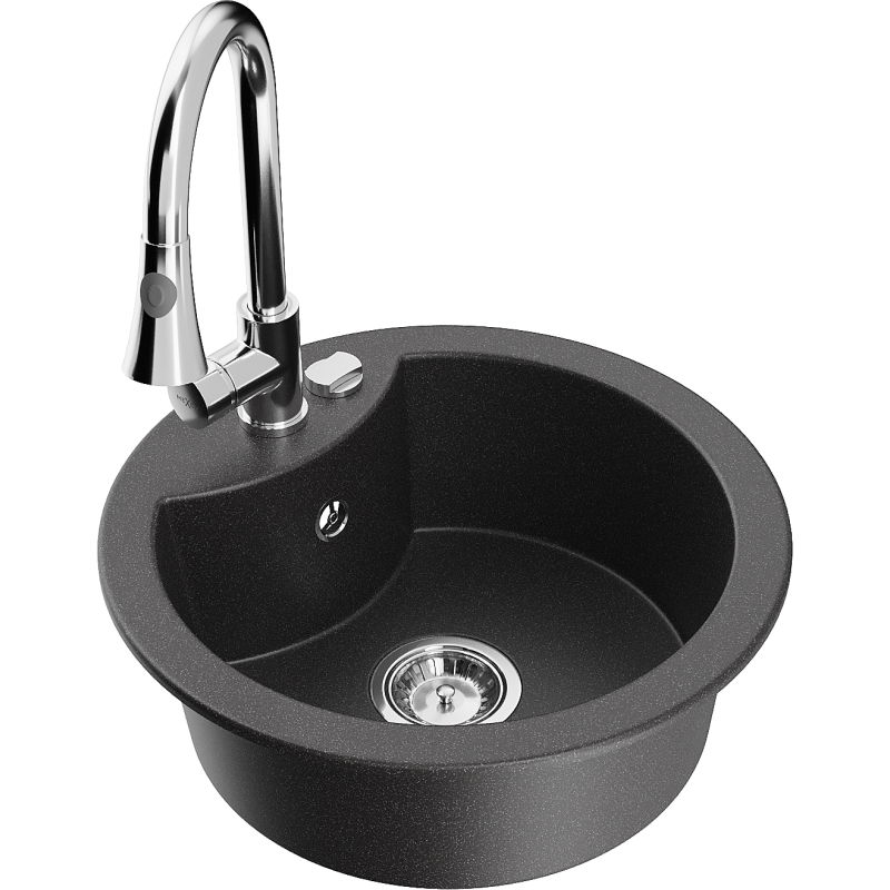 Mexen Diego 1-compartment granite sink with a kitchen mixer tap Elia, spotted black - 6512-76-670101-00