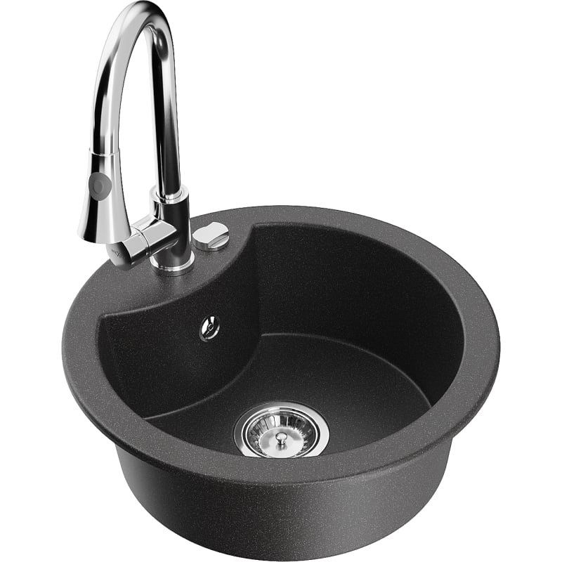Mexen Diego granite sink 1-bowl with Elia kitchen faucet, black speckled - 6512-76-670101-00
