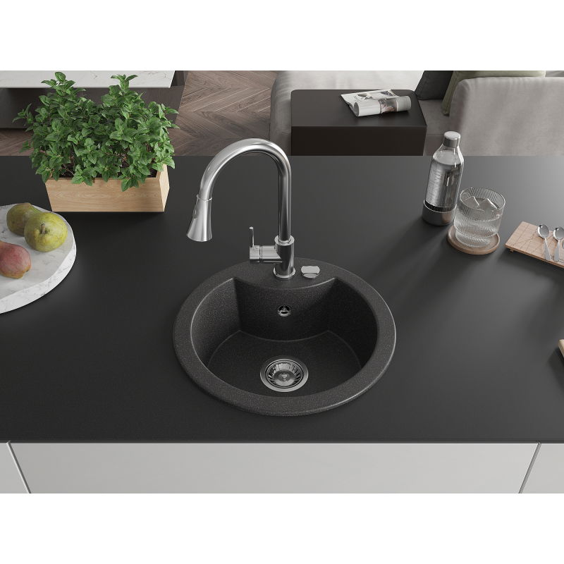 Mexen Diego 1-Bowl Granite Sink with Elia Kitchen Tap, Black Speckled - 6512-76-670101-00