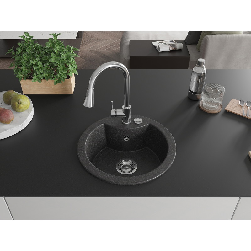 Mexen Diego granite sink 1-bowl with Elia kitchen faucet, black speckled - 6512-76-670101-00