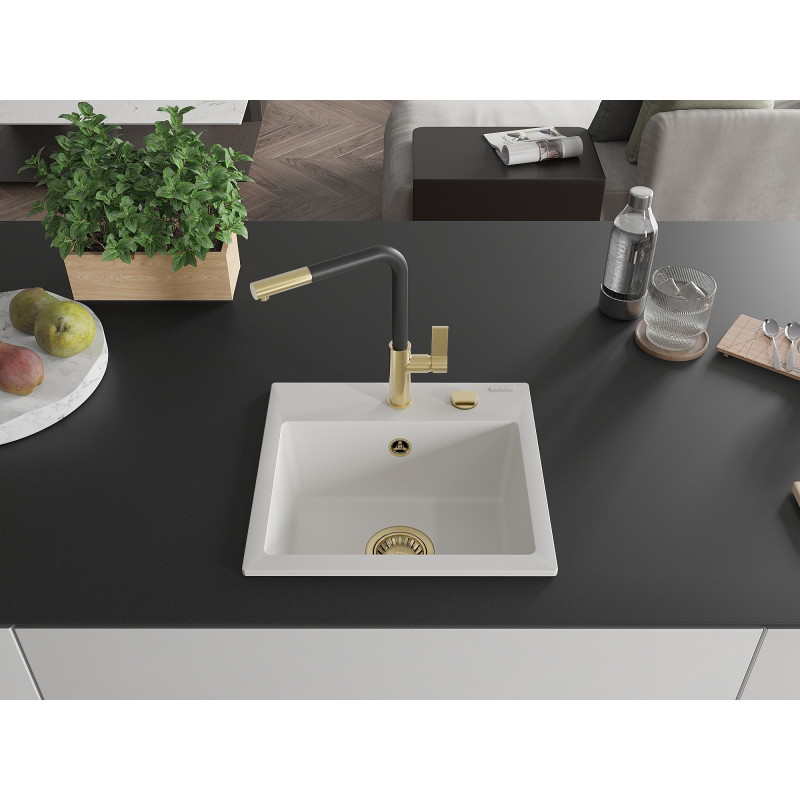 Mexen Milo granite kitchen sink 1-bowl with Flora kitchen faucet, white - 6505-20-670401-57-G