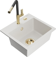Mexen Milo granite kitchen sink 1-bowl with Flora kitchen faucet, white - 6505-20-670401-57-G