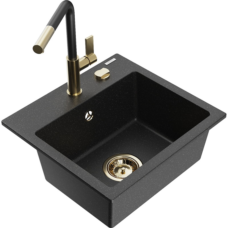 Mexen Milo single-bowl granite sink with Flora kitchen faucet, black/silver metallic - 6505-73-670401-57-G