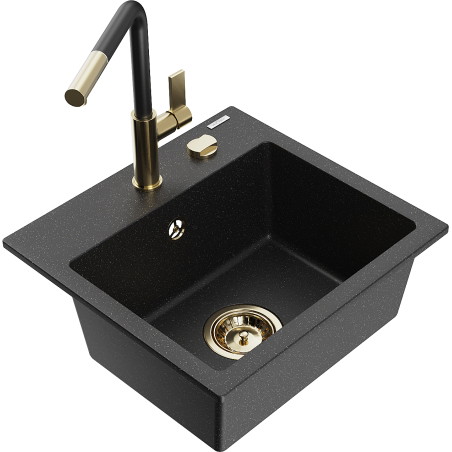 Mexen Milo granite sink 1-bowl with Flora kitchen faucet, black/silver metallic - 6505-73-670401-57-G