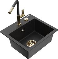 Mexen Milo granite sink 1-bowl with Flora kitchen tap, black/silver metallic - 6505-73-670401-57-G