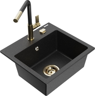 Mexen Milo granite sink 1-bowl with Flora kitchen faucet, black/silver metallic - 6505-73-670401-57-G