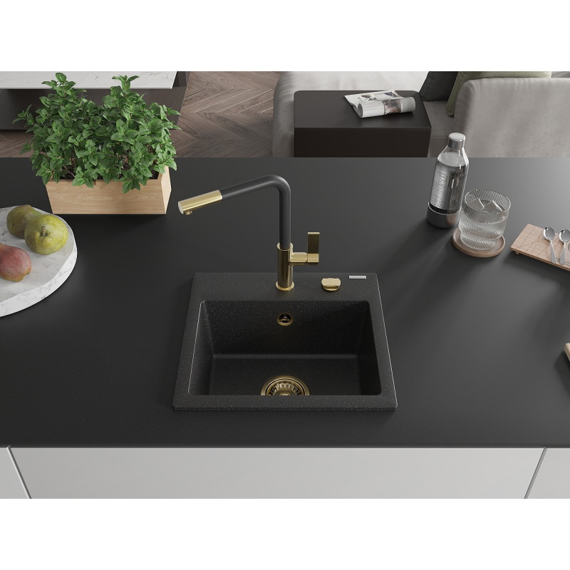 Mexen Milo granite sink 1-bowl with Flora kitchen faucet, black/silver metallic - 6505-73-670401-57-G