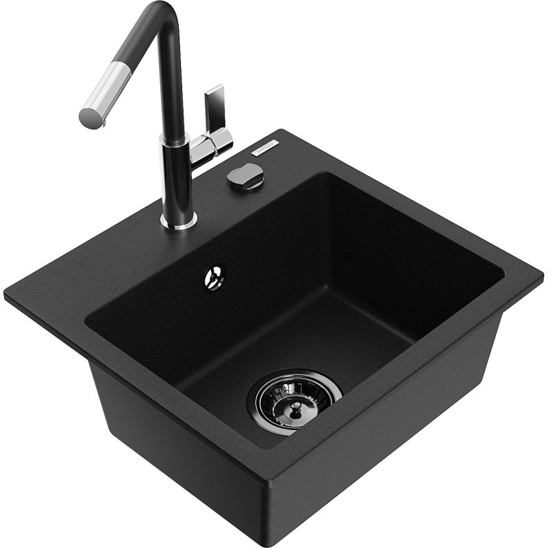 Mexen Milo 1-compartment granite sink with a kitchen mixer tap Flora, Black - 6505-77-670401-07-B