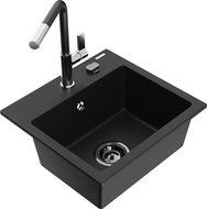 Mexen Milo 1-compartment granite sink with a kitchen mixer tap Flora, Black - 6505-77-670401-07-B