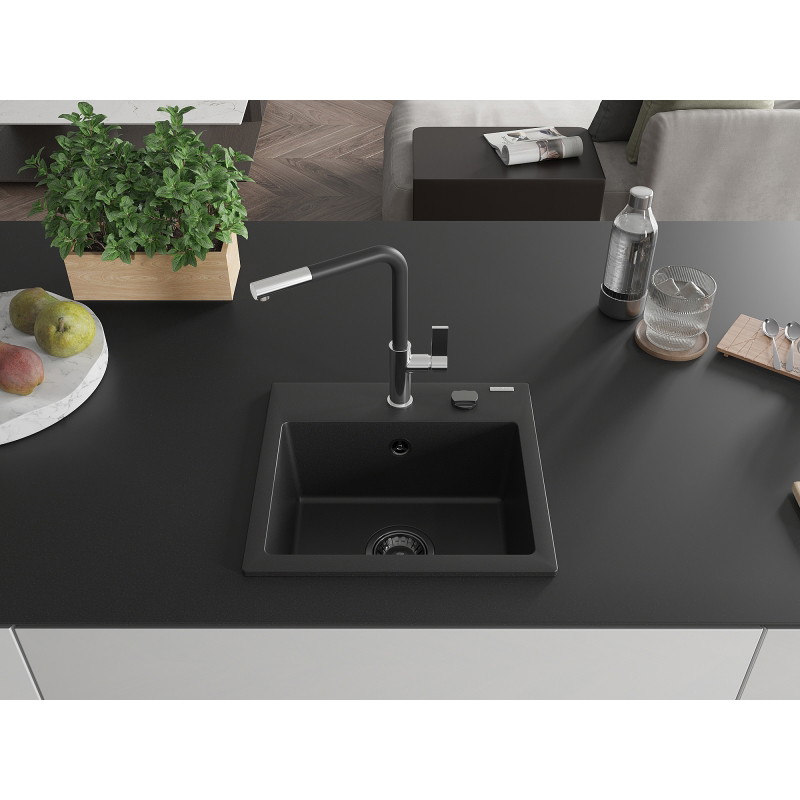 Mexen Milo 1-bowl granite sink with Flora kitchen faucet, black - 6505-77-670401-07-B