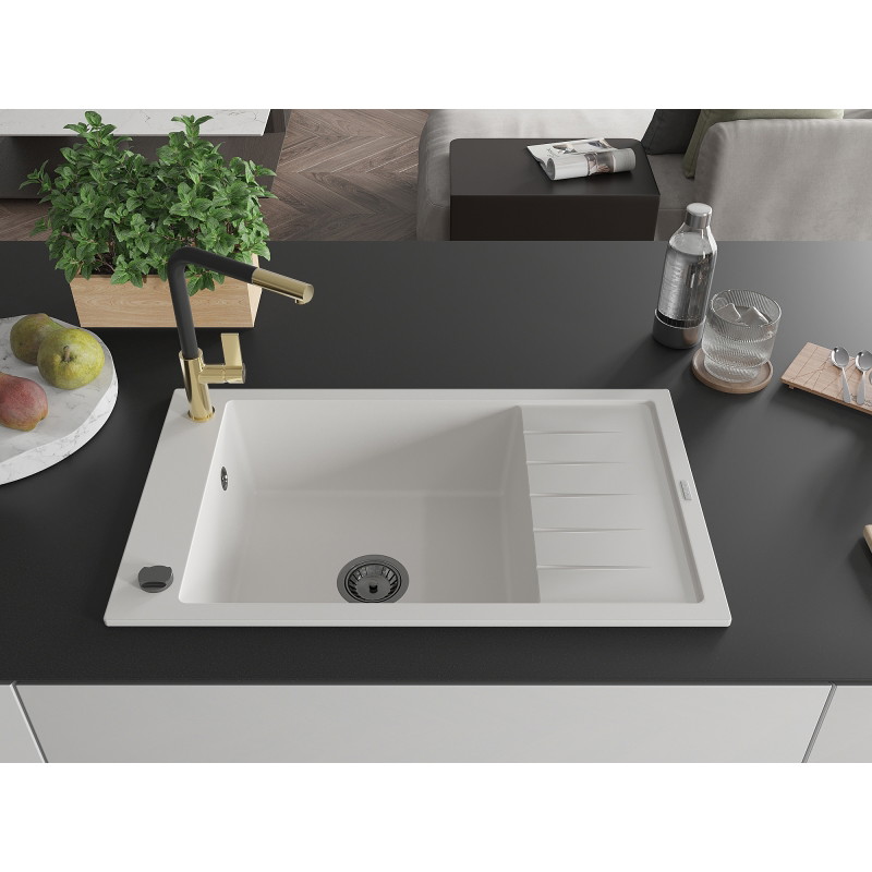 Mexen Elias 1-bowl granite sink with drainer and Flora kitchen faucet, white - 6511-20-670401-57-B