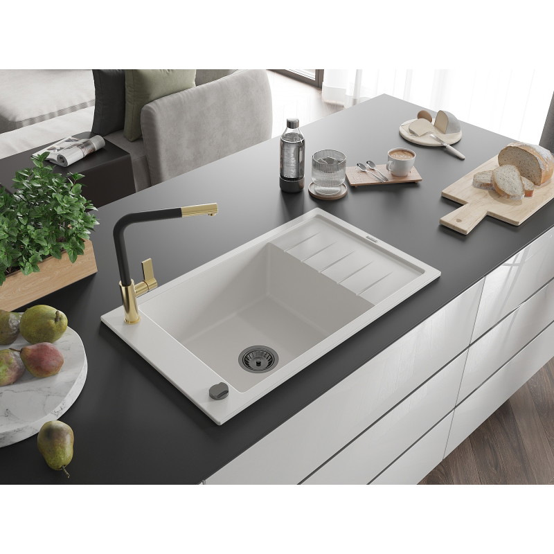 Mexen Elias 1-bowl granite sink with drainer and Flora kitchen faucet, white - 6511-20-670401-57-B