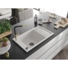 Mexen Elias 1-bowl granite sink with drainer and Flora kitchen faucet, white - 6511-20-670401-57-B