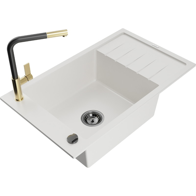 Mexen Elias 1-bowl granite sink with drainer and Flora kitchen faucet, white - 6511-20-670401-57-B