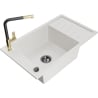 Mexen Elias 1-bowl granite sink with drainer and Flora kitchen faucet, white - 6511-20-670401-57-B