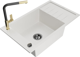 Mexen Elias 1-bowl granite sink with drainer and Flora kitchen faucet, white - 6511-20-670401-57-B
