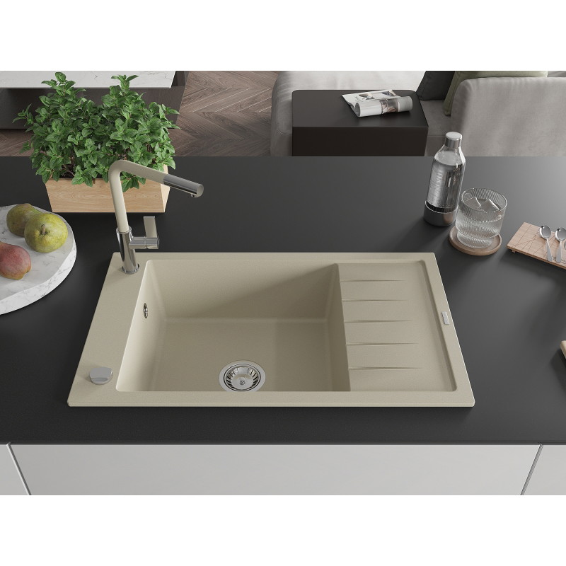 Mexen Elias one-bowl granite sink with drainer and Flora kitchen faucet, beige - 6511-69-670401-09