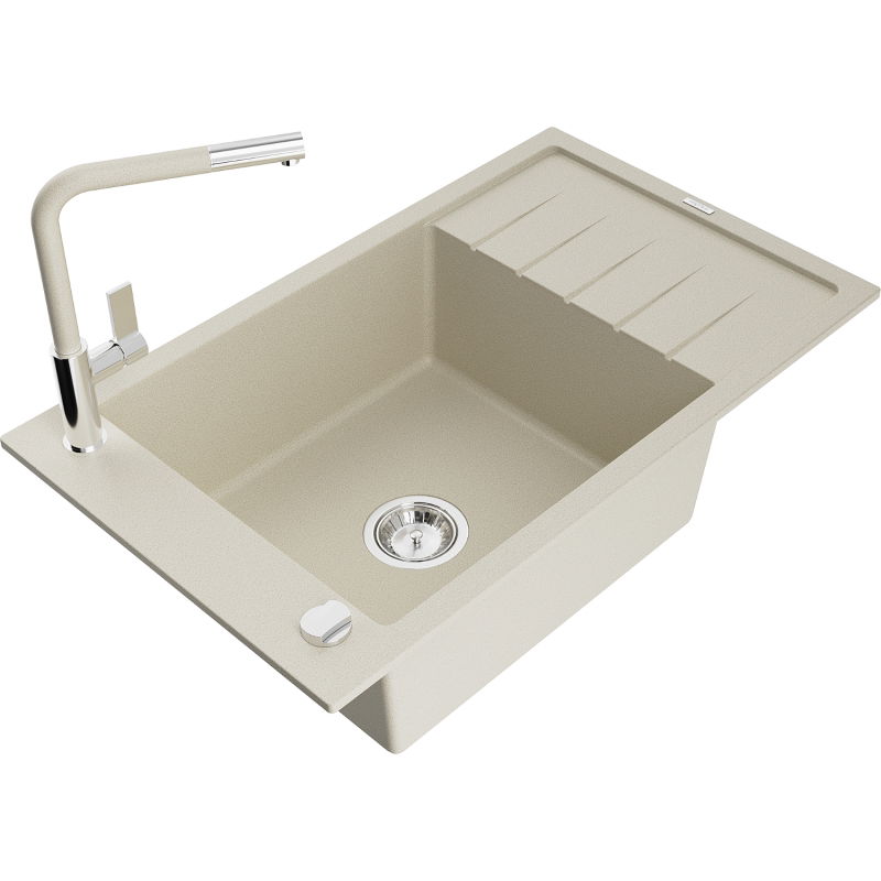 Mexen Elias 1-compartment granite sink with a drip tray and kitchen mixer tap Flora, Beige - 6511-69-670401-09
