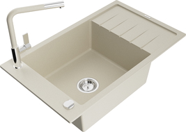 Mexen Elias 1-bowl granite kitchen sink with drainer and Flora kitchen mixer, beige - 6511-69-670401-09