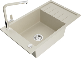 Mexen Elias 1-compartment granite sink with a drip tray and kitchen mixer tap Flora, Beige - 6511-69-670401-09