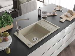 Mexen Elias 1-compartment granite sink with a drip tray and kitchen mixer tap Flora, Beige - 6511-69-670401-09