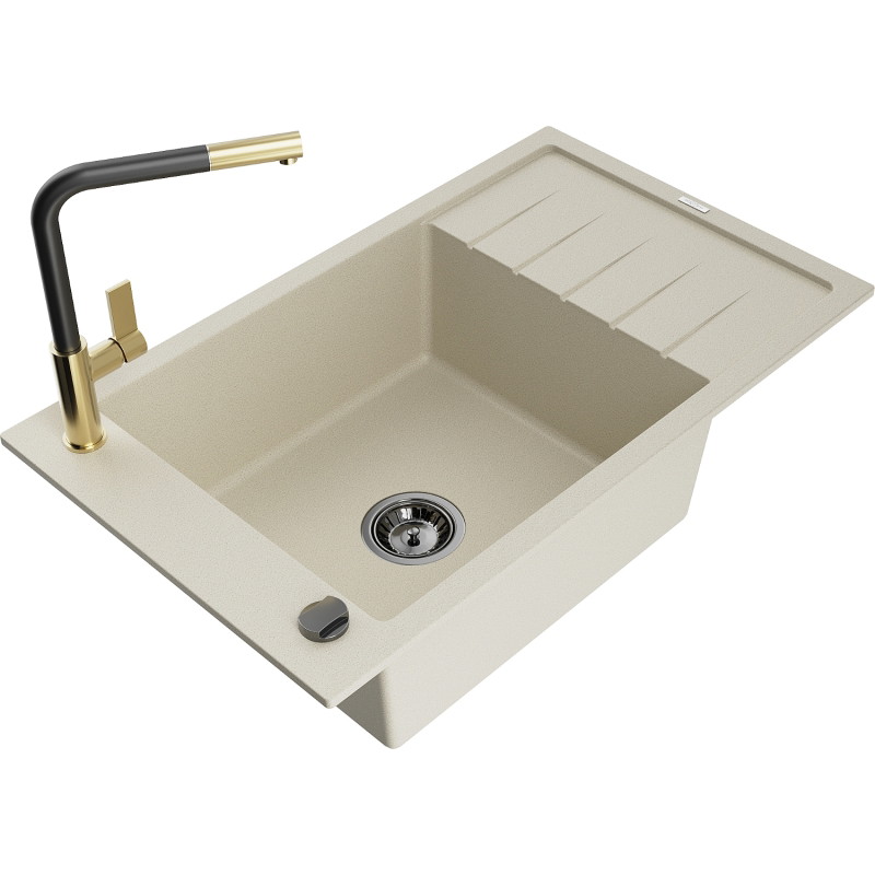 Mexen Elias granite kitchen sink single bowl with drainer and Flora kitchen faucet, beige - 6511-69-670401-57-B