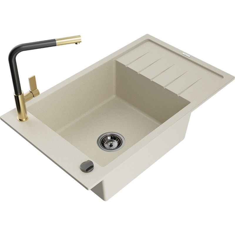 Mexen Elias granite sink 1-bowl with drainer and Flora kitchen faucet, beige - 6511-69-670401-57-B