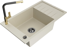 Mexen Elias 1-compartment granite sink with a drip tray and kitchen mixer tap Flora, Beige - 6511-69-670401-57-B