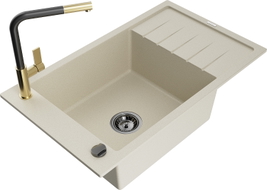 Mexen Elias granite kitchen sink single bowl with drainer and Flora kitchen faucet, beige - 6511-69-670401-57-B