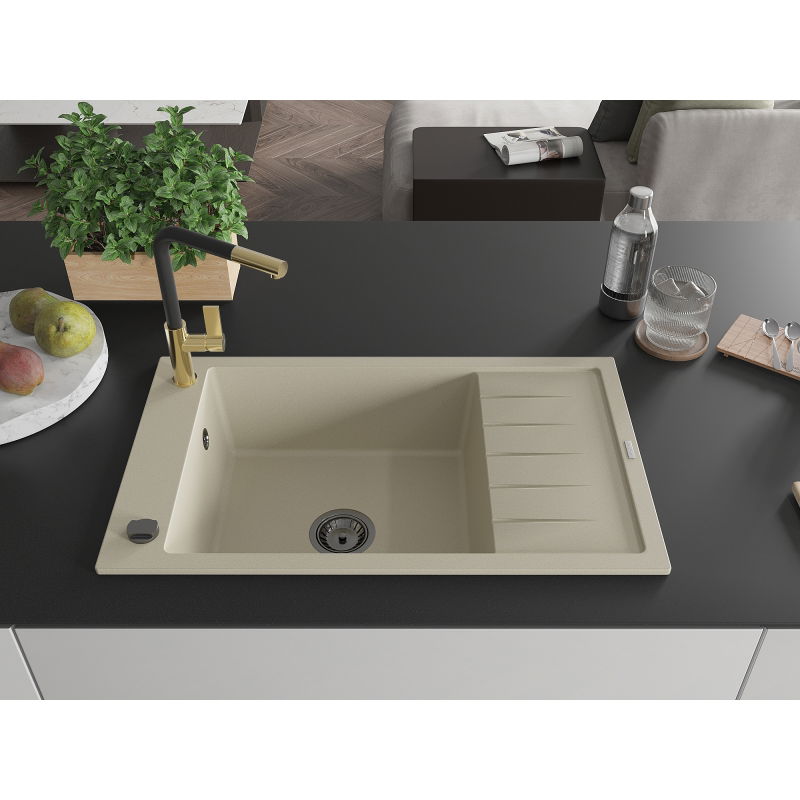 Mexen Elias granite sink 1-bowl with drainer and Flora kitchen faucet, beige - 6511-69-670401-57-B