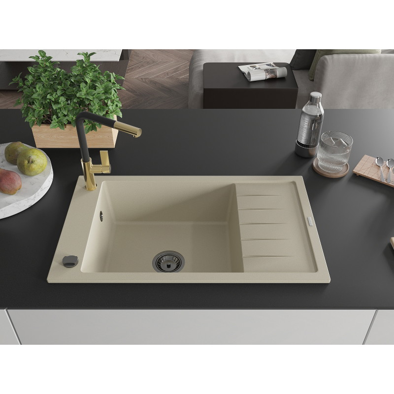 Mexen Elias granite sink 1-bowl with drainer and kitchen faucet Flora, beige - 6511-69-670401-57-B
